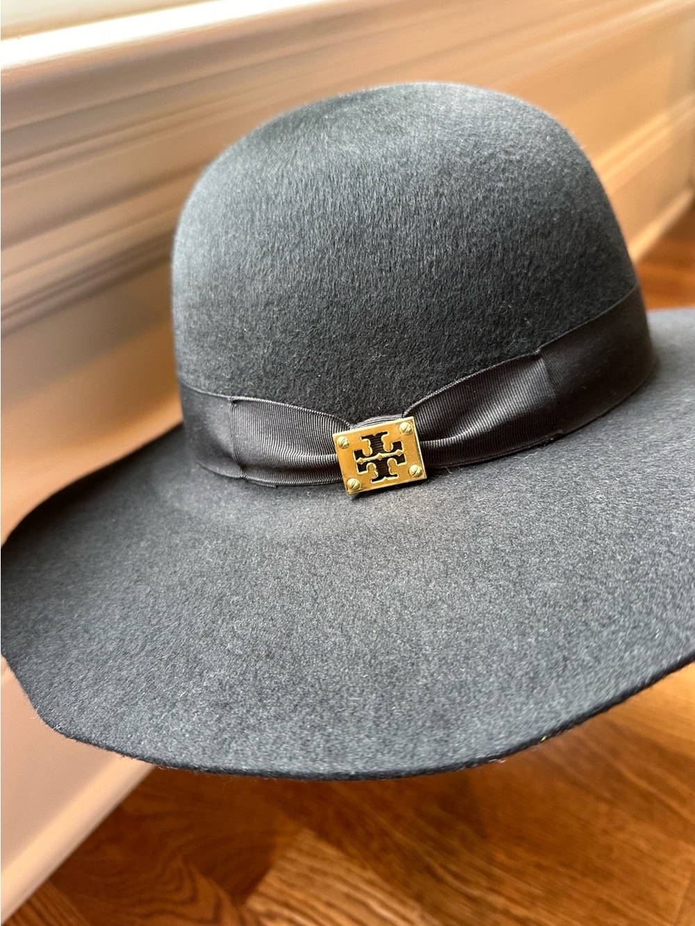 Tory Burch Black Felt Wide-Brim Hat with Gold Logo Accent